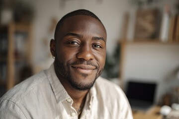 Obraz premium Confident African American educator front-facing portrait in a modern home workspace