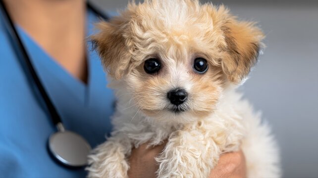 Adorable Bichpoo puppy held by a veterinarian wearing blue scrubs and stethoscope, looking at camera