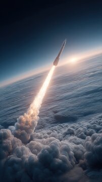Space exploration rocket launch ascending into the stratosphere above clouds, with bright sun glow
