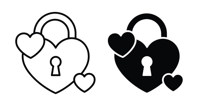 Heart shaped padlock icon set with keyhole and small hearts in outline and solid black silhouette style for romantic design