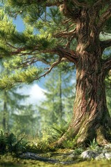 Fototapeta premium Digital 3D illustration of a conifer in springtime showing new growth, textured bark, and vibrant canopy