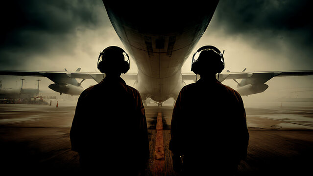 Two figures in silhouette with headsets facing a large aircraft on an airport tarmac, dramatic lighting, suitable for aviation industry, transportation and travel marketing