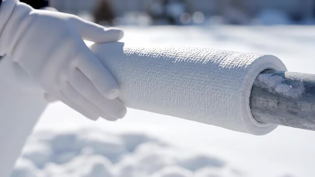 Hands wrapping thermal insulation tape around a metal pipe outdoors in winter. Pipe maintenance and frost protection.