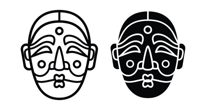 Traditional Korean Hahoe Bune mask icon set featuring minimalist line art and solid black silhouette designs for cultural folk theater