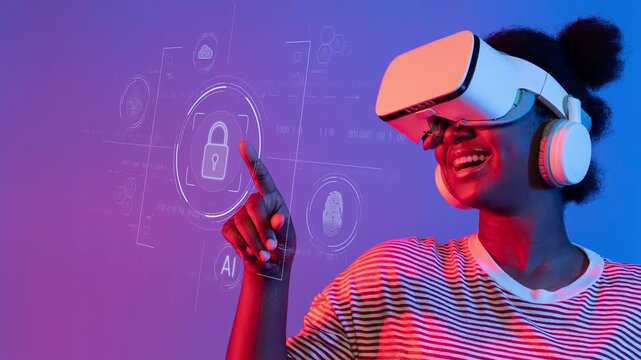 A young woman immerses in virtual reality while exploring AI and cybersecurity concepts, showcasing a modern take on technology and digital interaction. Raster