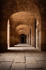 Obraz premium Historic Brick Archway Corridor with Repeating Arches in Barcelona