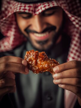 Smiling Middle Eastern man wearing traditional keffiyeh holding a delicious glazed chicken wing