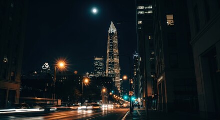 Naklejka premium Cityscape at Night with Tall Buildings, Streetlights, and Car Trails Under a Moonlit Sky