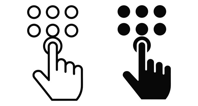 Hand finger pressing button on numeric keypad for security access code entry pin identification system interface outline and solid icons