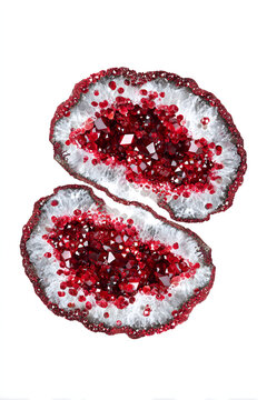 Stunning cross-section of a split red geode with vibrant ruby-like crystals shimmering inside against a clean white background, showcasing the beautiful internal mineral structures and sparkle.