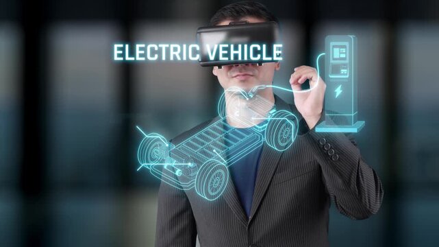 This image features a person using virtual reality goggles, exploring the intricate details of electric vehicle technology, including components and charging solutions. Raster