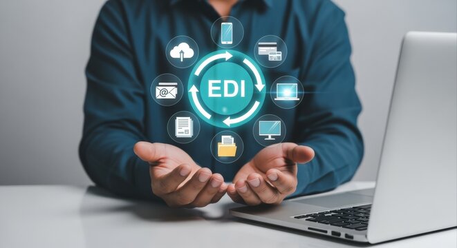 Person demonstrating Electronic Data Interchange (EDI) concept with digital icons representing business processes and technology