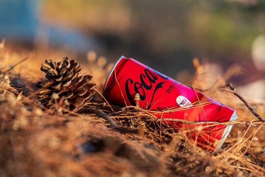 Lesbos, Greece - August 20, 2021: Discarded red Coca-Cola tin can lies on the forest floor, highlighting environmental pollution, the impact of littering, and the contrast between nature and waste.