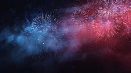 Fototapeta premium Independence Day fireworks with a subtle flag overlay over a dark night sky, horizontal composition
