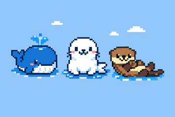 Naklejka premium Cute Pixel Art Marine Animals Set with Blue Whale, White Seal, and Brown Otter in 8-Bit Retro Gaming Style, Simple Flat Vector Illustration of Aquatic Wildlife for Game Design, Apps, and Stickers.