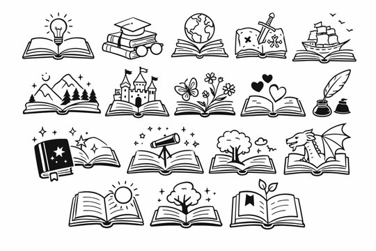 Hand Drawn Line Art Book Symbols and Icons Set Illustrating Diverse Themes Like Knowledge, Adventure, Fantasy, Nature, Science, and Storytelling for Education, Library, and Creative Projects.