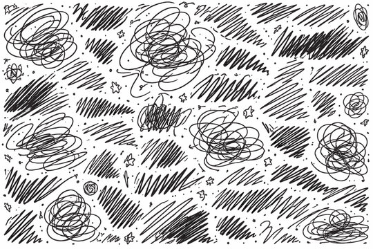 Abstract hand-drawn chaotic scribble pattern with messy pencil lines, ink doodles, and artistic sketch marks on white background, expressive vector texture for creative graphic design projects.