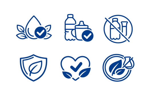 BPA Free and Phthalate Free Guarantee Badge Logo Vector Set, Blue Outline Icons for Health and Safety, No Bisphenol A, Non-Toxic, Eco-Friendly, Natural Product Labels for Bottles and Packaging.