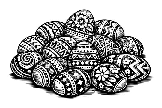 Vintage Engraving Style Illustration of a Pile of Highly Decorated Easter Eggs with Complex Geometric and Floral Patterns, Ornate Hand-Drawn Woodcut Vector Art for Holiday Greeting Cards and Decor