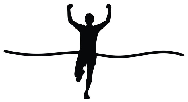 Man in black silhouette crossing finish line with arms raised in victory and celebration