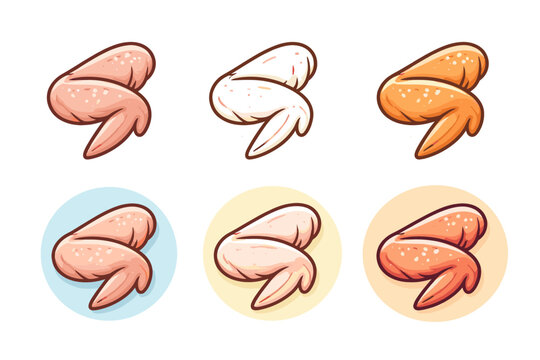 Set of chicken wing icons in various styles including raw and cooked poultry meat cuts for restaurant menus, food product packaging, butcher shop supplies, and culinary design vector illustration.