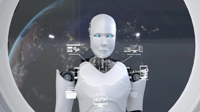 This image features a humanoid robot with an advanced technology interface, representing the convergence of artificial intelligence and humanity amidst a cosmic backdrop. Synapse