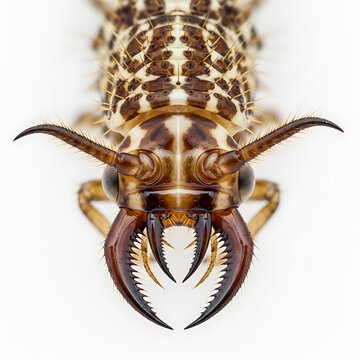 Close-up macro photograph of an antlion larva with prominent mandibles and spiky body