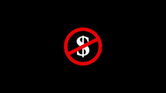 No money sign symbol animation: financial restriction, prohibition, and economic ban concept on black background