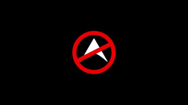 No navigation symbol animation, red prohibited sign over white arrow pointer on black background motion