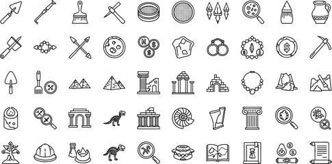 Archaeology and ancient history outline icon set with artifacts tools fossils pyramids and excavation symbols for educational design © MdMahfujAhmmed