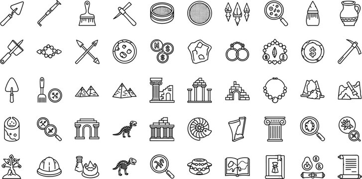 Archaeology and ancient history outline icon set with artifacts tools fossils pyramids and excavation symbols for educational design