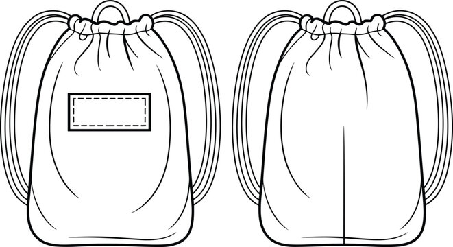 Front and back view of a simple black and white outline drawing of a drawstring backpack drawstring bag