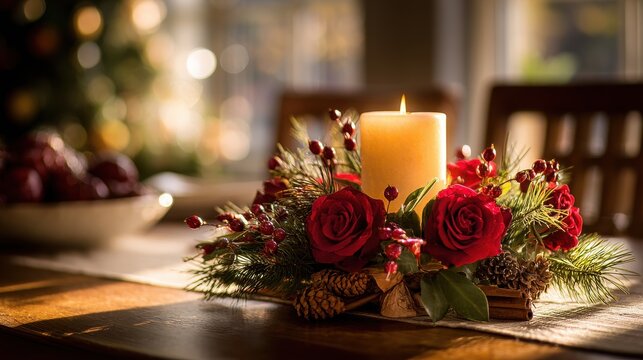 Warm Home Centerpiece: Red Roses, Greenery and Cinnamon Sticks for Holidays