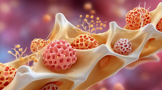 3d medical illustration of osteoporosis bone microstructure with porous spongy texture and fragile trabeculae