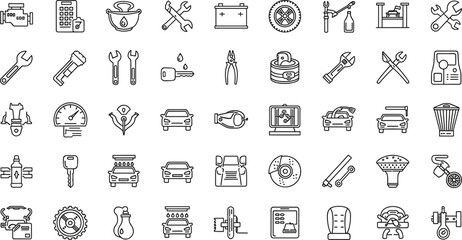 Fototapeta premium Auto repair and car maintenance line icon set featuring mechanic tools garage service minimal outline vector collection