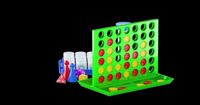 Boggle, Connect Four and tabletop games set, rotation animation seamlessly loopable. 3D rendering isolated on transparent background