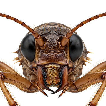 Macro extreme close up of an earwig insect showing intricate details of its face
