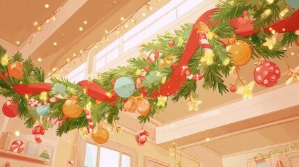 Fototapeta premium Big scale Christmas garland with oversized ornaments and warm lights
