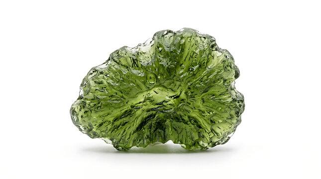 Fragment of a striking green tektite mineral on a white background