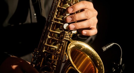 Obraz premium Close-up of a musician playing a saxophone jazz instrument