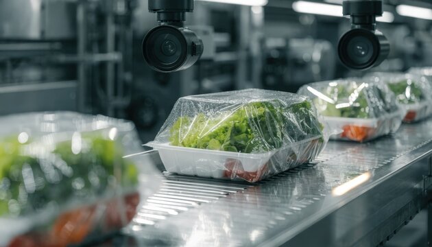 Medium shot of overhead cameras capturing realtime images as machine vision inspects package integrity on a conveyor system in a modern automated packing line.