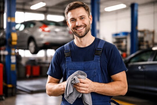 Friendly Mechanic Smiling While Holding a Towel in an Automotive Workshop with Vehicles in the Background