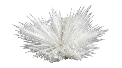 Obraz premium Stunning radial cluster of needle-like white crystals on a white background