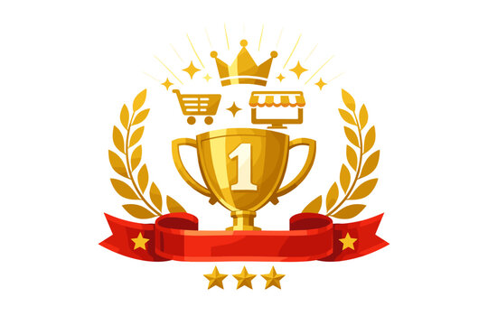 Golden trophy cup with number one, laurel wreath, red ribbon, and crown for e-commerce success, online shopping achievement, best seller award, and business excellence flat vector illustration.