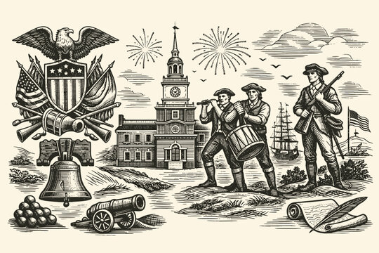 American Independence 250th Anniversary Vintage Engraved Vector Illustration with Bald Eagle, Liberty Bell, Independence Hall, Revolutionary War Soldiers, Fife and Drum, Cannon, and US Flags.