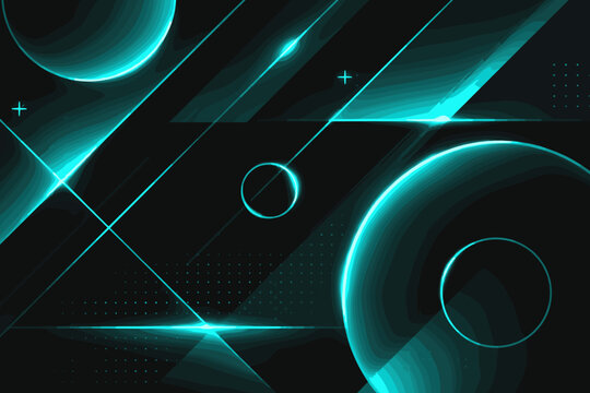 Modern Abstract Geometric Vector Background with Teal and Cyan Neon Glowing Shapes, Futuristic Digital Tech Design for Poster, Cover, and Web Header, Dark Black Contrast with Light Effects