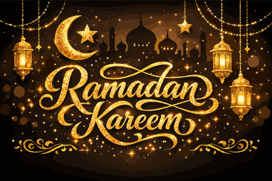 Ramadan Kareem Greeting Card with Luxury Golden Glitter Text, Crescent Moon, Stars, and Lanterns over a Mosque Silhouette Background. Sparkling Festive Islamic Holiday Background for Eid Mubarak.