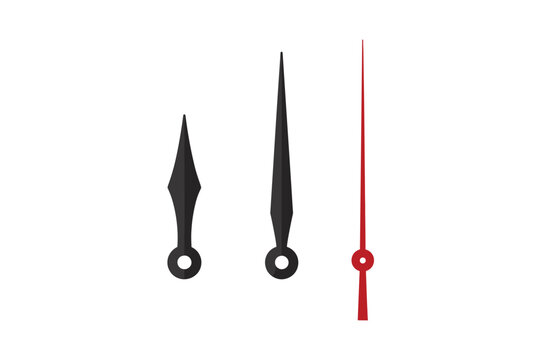 Set of realistic clock hands in minimalist style. Classic analog watch arrows with hour, minute, and second hands isolated on white background. Vector illustration for watch design and repair.