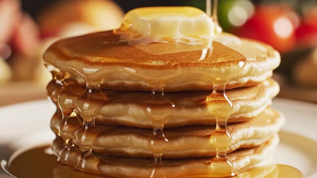 Close-up of stack of pancakes with butter and syrup being poured