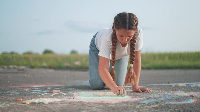 A girl with braided hair is drawing with chalk on the street, creating bright art on the outdoor pavement, enjoying playful summer moments with colorful chalk and childlike creativity in her art.